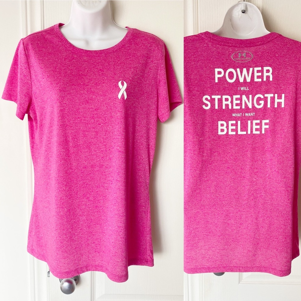 Under armour power strength belief heat gear breast cancer awareness T-shirt M